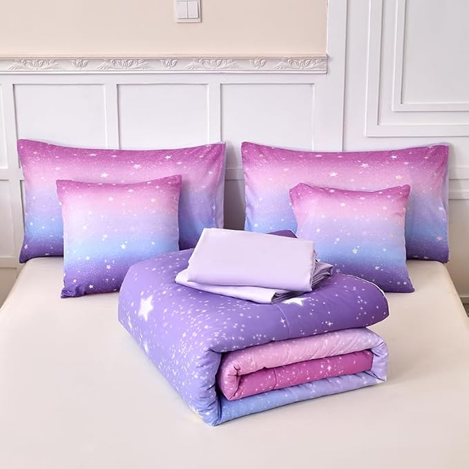 7PCS Purple and Pink Comforter Sets Full Girls Galaxy Comforter Full,Girls Bedding,Bed in a Bag with Flat Sheet and Fitted Sheet,Pillowcases,Cushions for Girl,Purple Bedding Sets