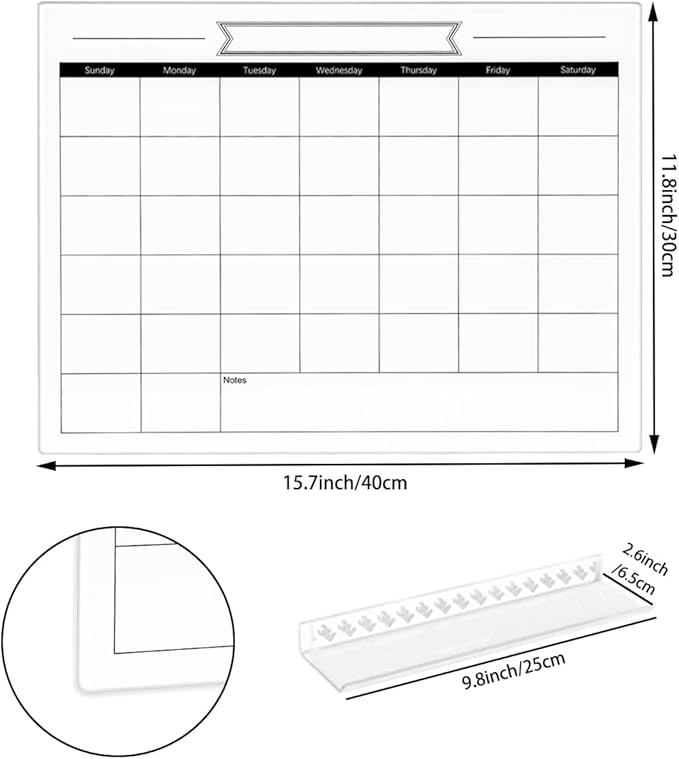 Glass Dry Erase Monthly Calendar Whiteboard for Wall, 11.8" x 15.7" Small Monthly Planner White Board for Home Kitchen, Office, Frameless(GlassB-WH-3040)