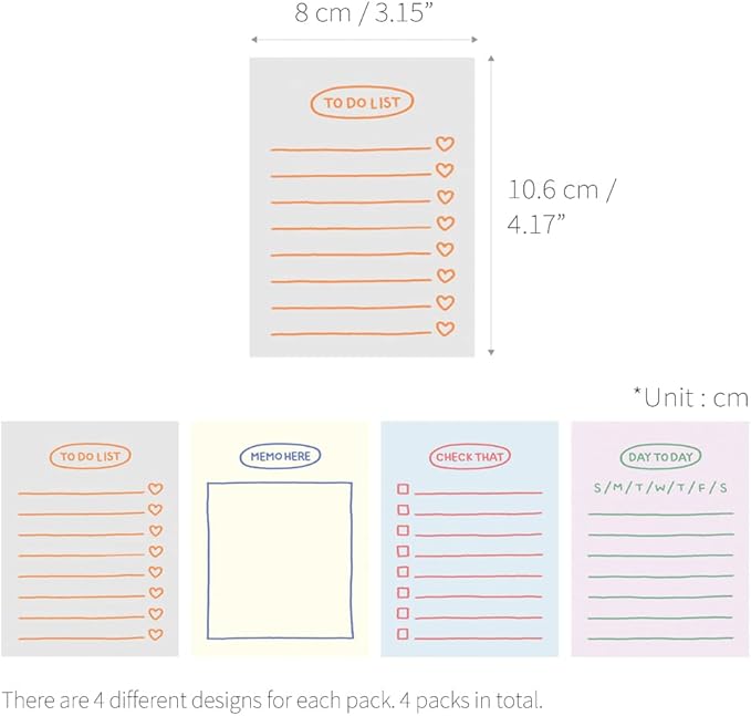 Monolike Memopad Sketch Planning design SET - 4 Packs, 4 Different Designs, 100 Sheets Per Pad, Total 400 Sheets, Note pads, Writing pads, 3.15 x 4.17 Inches