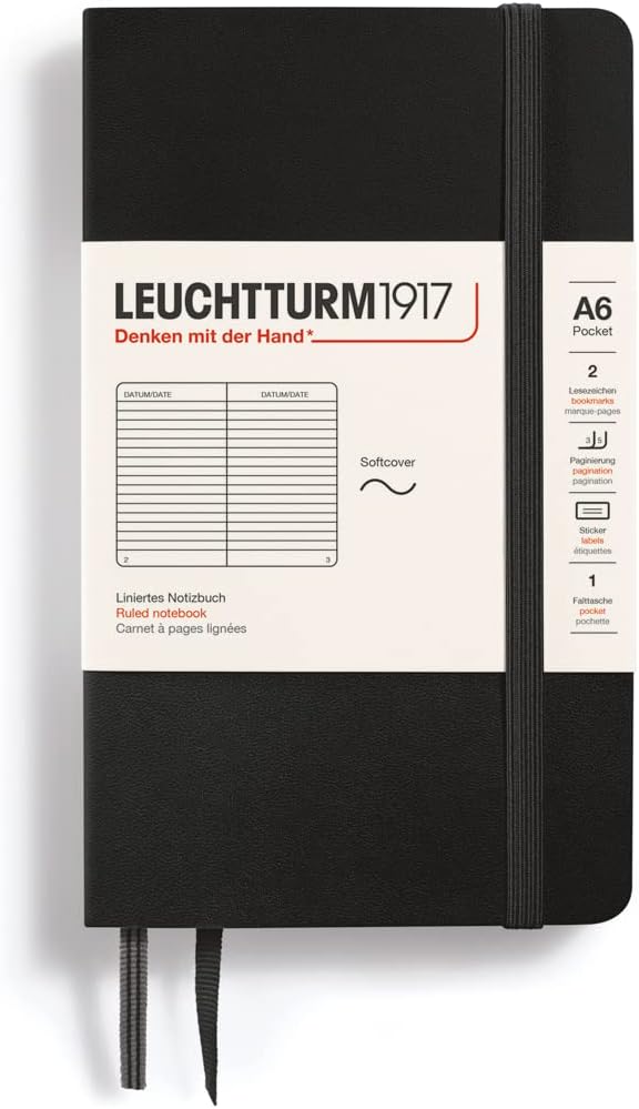 LEUCHTTURM1917 - Notebook Softcover Pocket A6-123 Numbered Pages for Writing and Journaling (Ruled, Black)