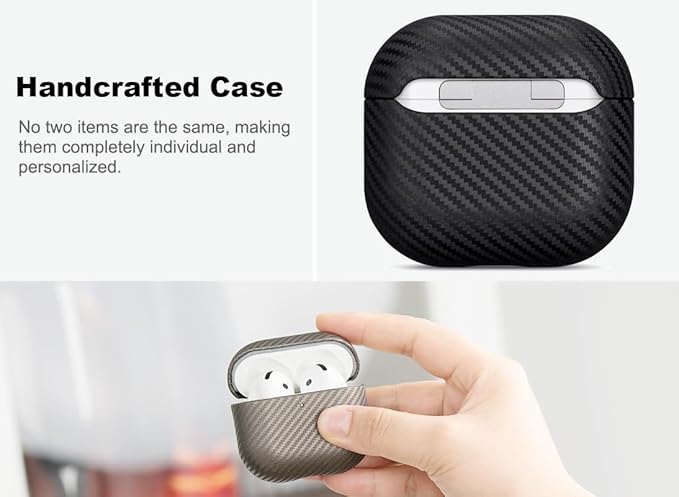 Leather Case - for AirPods 4 / AirPods 4 with Active Noise Cancellation Case Cover - Selected Skin-Friendly Leather, with Carbon Fibre Texture, Handmade Drop Protective Hard Cover - Black
