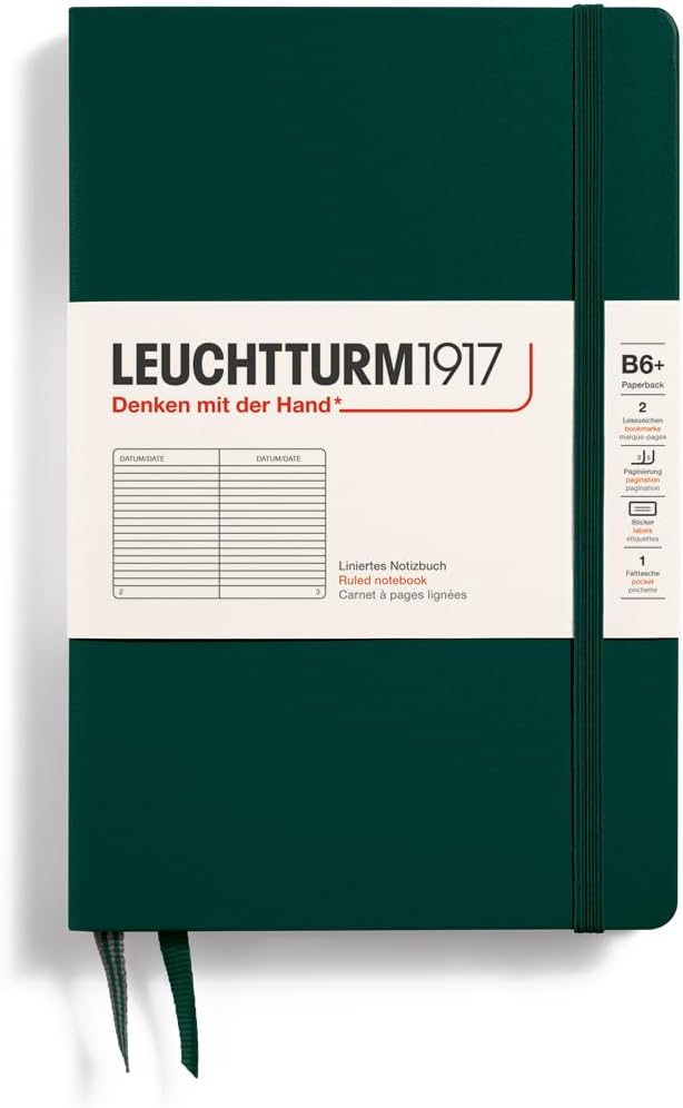 LEUCHTTURM1917 - Notebook Hardcover Paperback B6+ - 219 Numbered Pages for Writing and Journaling (Forest Green, Ruled)