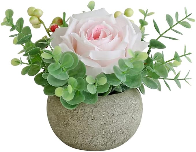Artificial Flowers Kit with Pot, Combination of Fake Silk Light Pink Roses and Greenery,Small Plant Potted Decor for Offices,Bookshelf,Bedroom, Living Room,Party,Wedding Decorations