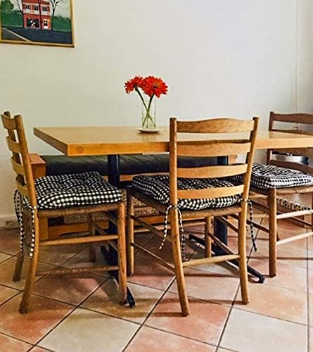 Barnett Home Decor Farmhouse Check Black Dining Chair Pad with Ties - 15 x 17 Size Small Chair Cushion - Latex Foam Fill - 100% Cotton, Made in USA - Machine Washable, Reversible, Checkered