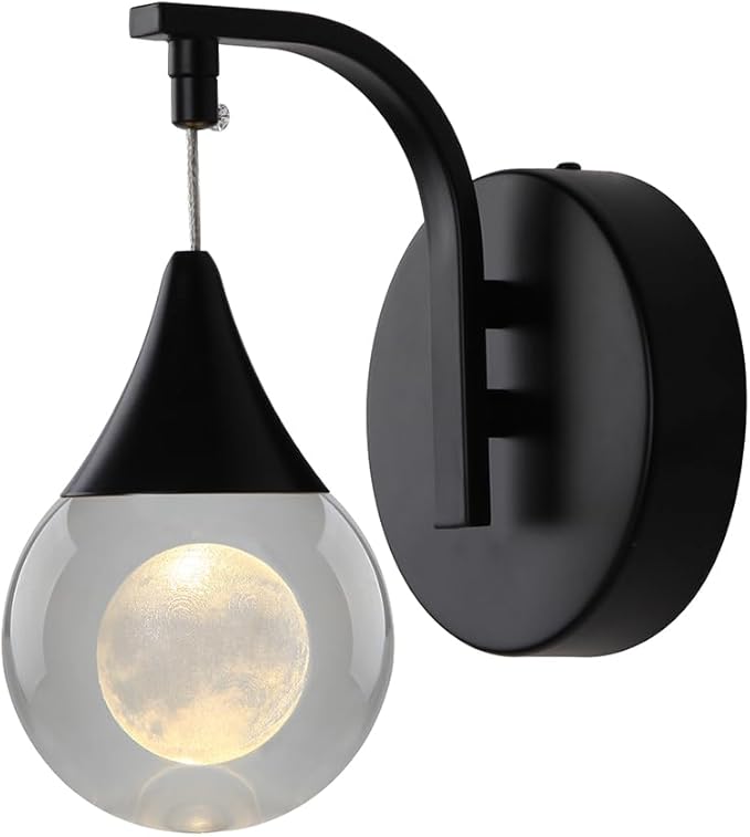 Modern Wall Sconces, Moon Crystal Wall Sconce Indoor, 5W Dimmable LED Sconce Wall Lighting for Bedroom Bedside Bathroom Living Room Hallway Staircase, Black