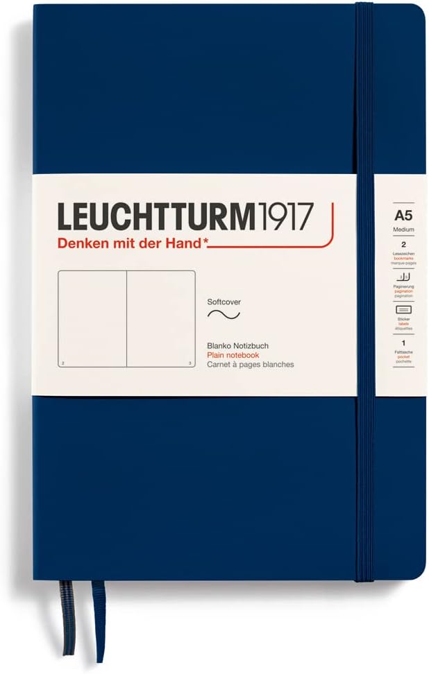 LEUCHTTURM1917 - Notebook Softcover Medium A5-123 Numbered Pages for Writing and Journaling (Plain, Navy)