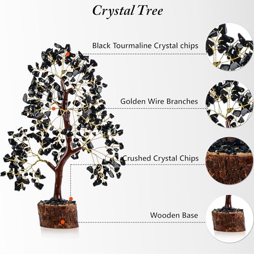 Black Tourmaline Crystal Tree of Life Handmade Gemstone Bonsai, Feng Shui Money Tree for Home Office Desk Decor, Positive Energy, Protection, Reiki Healing, Spiritual Birthday Gifts for Women Mom