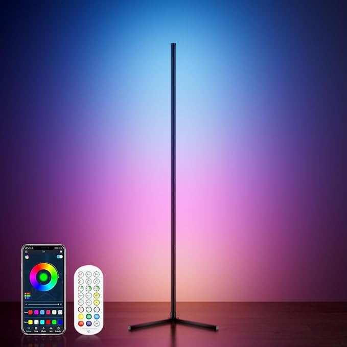 RGB Corner Floor Lamp, 64.5" RGB Color Changing Led Floor Lamp for Living Room APP and Remote Modern Light Bar with Music Sync and 16 Million Colors Dimmable Ambient Lighting for Bedroom