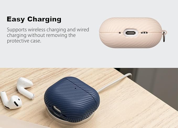 Leather Case - for AirPods 4th Generation Case Cover with Keychain - Selected Skin-Friendly Leather, Carbon Fibre Texture, Handmade Drop Protective Hard Cover for AirPods 4 - Pearl White