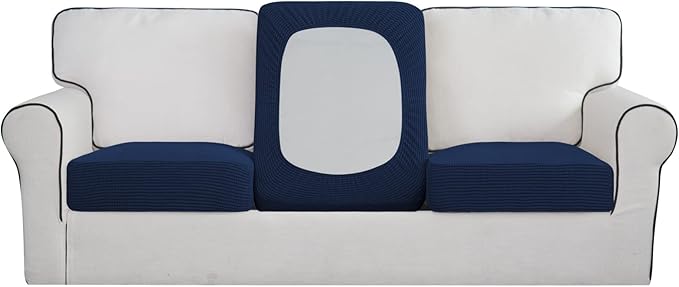 Easy-Going Stretch Individual Chair Couch Cushion Cover Sofa Cushion Furniture Protector Sofa slipcover Soft Flexibility with Elastic Bottom (3-Piece Sofa Cushion Cover, Navy)
