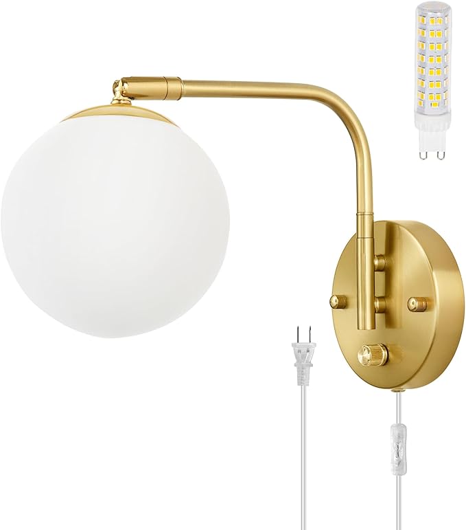 Wall Sconces Plug in, Dimmable Swing Arm Wall Lights with Plug in Cord and Dimmer On/Off Knob Switch, Dimmable Wall Light with Milky White Glass Globe Shade(1 Bulb Included)