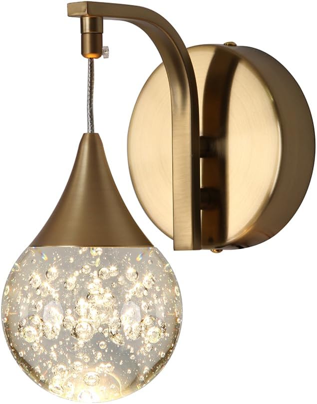 LED Wall Sconces Dimmable, Modern Crystal Wall Sconce Indoor, Bubble Wall Light for Bedroom Bathroom Living Room Dining Room Hallway, Brass