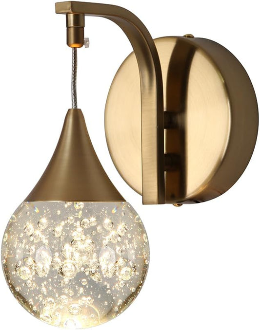 LED Wall Sconces Dimmable, Modern Crystal Wall Sconce Indoor, Bubble Wall Light for Bedroom Bathroom Living Room Dining Room Hallway, Brass
