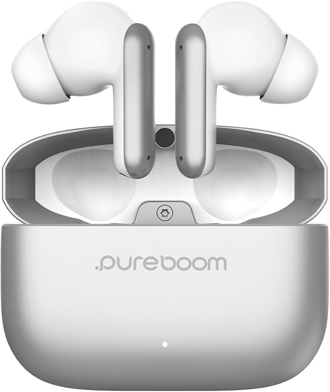 PureGear PureBoom Orbs Pro Active Nosie Cancellation Wireless Earbuds, Reduce Noise with ANC, Stereo Headphones in Ear with Zinc Alloy Case for iPhone/Android Phones/TV/Laptops, More Devices (Silver)