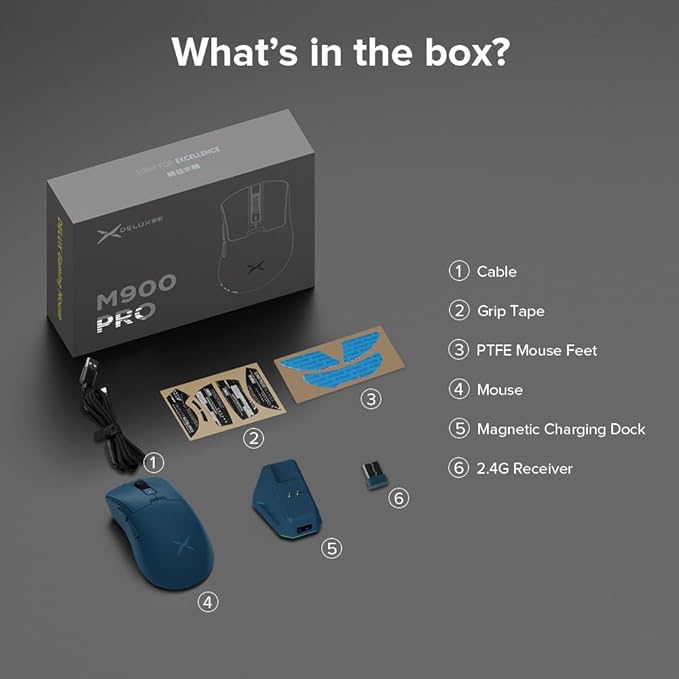 DeLUX M900PRO Wireless Gaming Mouse, 8000Hz Polling Rate, RGB Charging Dock, 63g Ergonomic Design, PAW3395 Sensor with 26000DPI, Programmable Buttons (Blue)