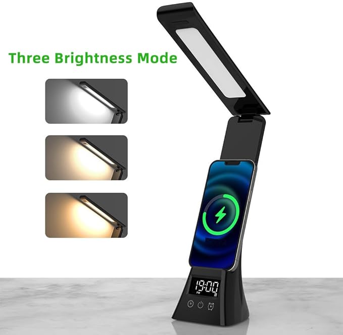 IHAO 6in1 Multifunctional Foldable LED Desk Lamp with Wireless Charger Digital Alarm Clock Eye-Care Lighting 3 Color Modes 15W Qi Charger for Phone/Headphones, Apple Watch Compatible-Black