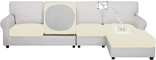 Easy-Going 100% Waterproof 4 Pieces Couch Cushion Covers for Sectional Sofa Left/Right L Shape Chaise Lounge Sofa Seat slipcover Anti-Slip Sofa Cover (3 Seater + 1 Chaise, Ivory