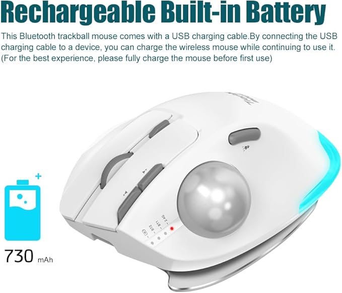 zelotes Wireless Trackball Mouse,Bluetooth Mouse,Rechargeable,4800 DPI, 2-in-1(BT 5.0/3.0+2.4GHz USB Receiver), 8 Buttons,Ergonomic Design,LED Lighting,for Laptop, PC, Pad,White