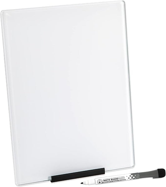 Glass Dry Erase Desktop Doodle Board with Stand and Fine-Tip Marker (White, 9" x 12")