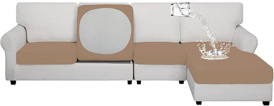 Easy-Going 100% Waterproof 4 Pieces Couch Cushion Covers for Sectional Sofa Left/Right L Shape Chaise Lounge Sofa Seat slipcover Anti-Slip Sofa Cover (3 Seater + 1 Chaise, Camel