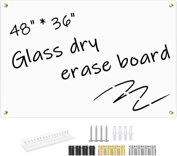 Glass Dry Erase White Board for Wall,Glass Whiteboard, 33" x 46" Large Glassboard for Home Kitchen, Office, Frameless, Brilliance (BB-WH-84117)