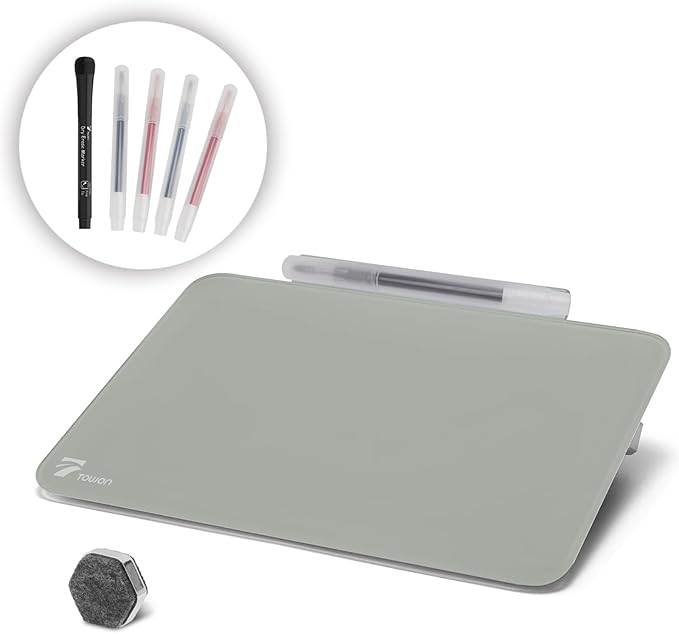 TOWON Small Glass Dry Erase Board, Desk White Board with Standing, Mini Whiteboard Easel Pad Set, Stenography Artifact for Office, Home and School Supplies, 8 x 6 Inches, Gray