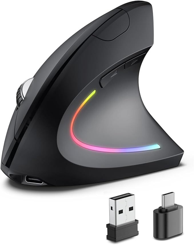 Ergonomic Wireless Rechargeable Mouse, Bluetooth+USB A+Type C(3 in 1) Connection, 5 Levels Up to 4800 DPI, 6 Silent Buttons, 2.4GHz Carpal Tunnel Vertical Mice, for Laptop, Desktop,MacBook-black