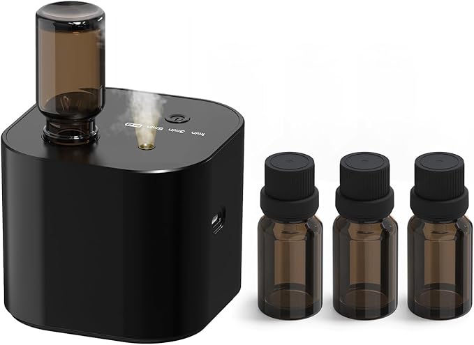 Scent Diffuser,Waterless Essential Oil Diffuser,Mini Portable Aroma Diffuser with Battery Operated,3 Mist Modes,Cycle Start,for 400 sq.ft Room,Home,Bedroom,Includes 3x10ml Essential Oils，Black