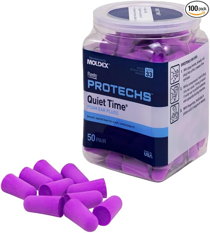 Flents Protechs Foam Ear Plugs, 50 Pair for Sleeping, Snoring, Loud Noise, Traveling, Concerts, Construction, Studying, Work, Shooting, NRR 33, Noise Cancelling, Disposable, Purple, Made in the USA