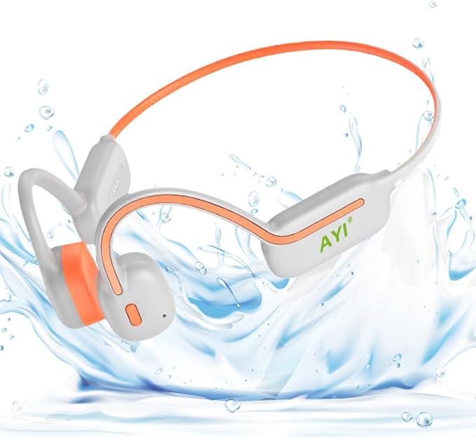 AYI Professional Swim Headphones True Bone Conduction Open Ear Headset MP3 Player Built-in 32G Memory IP68 Underwater Waterproof Bluetooth Earphone for Driving Bicycling Running Skiing-White