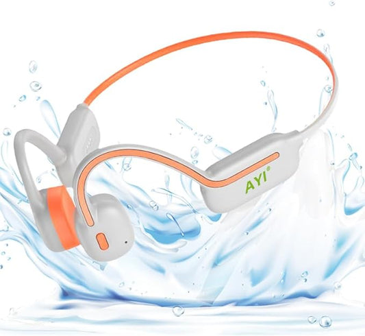 AYI Professional Swim Headphones True Bone Conduction Open Ear Headset MP3 Player Built-in 32G Memory IP68 Underwater Waterproof Bluetooth Earphone for Driving Bicycling Running Skiing-White
