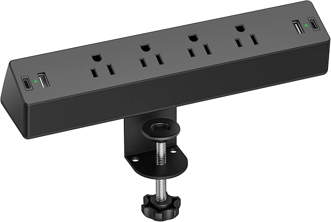 Desk Clamp Power Strip, 1875W Surge Protectors with 2 USB A, 2 USB C Ports, 4 AC Outlets, Desk Mount Charging Station, Fit 1.7 inch Tabletop Edge Thick, Desktop Outlets for Home Office.