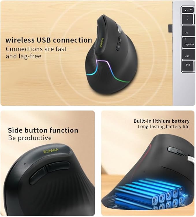 JOMAA Wireless Vertical Mouse, Multi-Device Bluetooth 5.2 & 2.4G Ergonomic Mouse with RGB Lighting, 4000 CPI, 500mAh Rechargeable, for Windows/Mac/Android