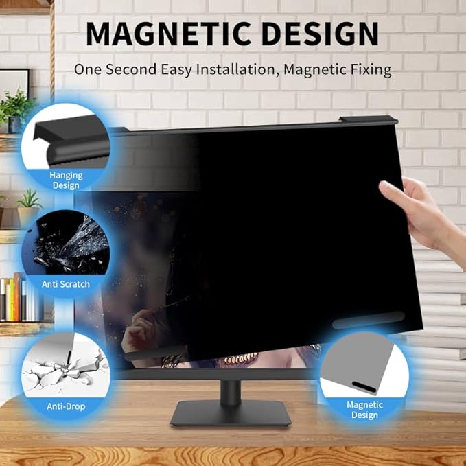 Magnetic Hanging Computer Privacy Screen Filter for 19.5 Inch, Removable Aluminum Alloy Privacy Shield for 16:9 Widescreen Monitor, Eye Protection Blue Light Filter