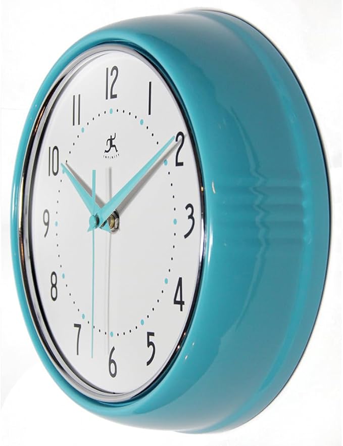 Infinity Instruments LTD. Retro 9 inch Silent Sweep Non-Ticking Mid Century Modern Kitchen Diner Wall Clock Quartz Movement Retro Wall Clock Decorative (Turquoise)…