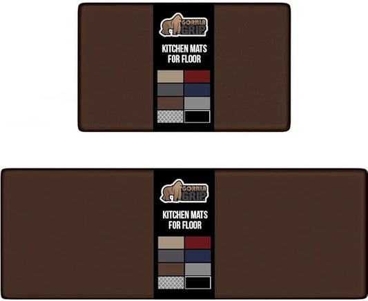 GORILLA GRIP 2 Pack Comfortable Cushioned Kitchen Mats for Floor, 17x24 + 17x48, Waterproof and Stain Resistant, 1/2 Inch Thick Soft Ergonomic Standing Desk Anti Fatigue Mat, Foam Supports Feet, Brown