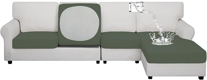 Easy-Going 100% Waterproof 4 Pieces Couch Cushion Covers for Sectional Sofa Left/Right L Shape Chaise Lounge Sofa Seat slipcover Anti-Slip Sofa Cover (3 Seater + 1 Chaise, Grayish Green