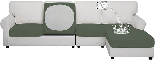 Easy-Going 100% Waterproof 4 Pieces Couch Cushion Covers for Sectional Sofa Left/Right L Shape Chaise Lounge Sofa Seat slipcover Anti-Slip Sofa Cover (3 Seater + 1 Chaise, Grayish Green
