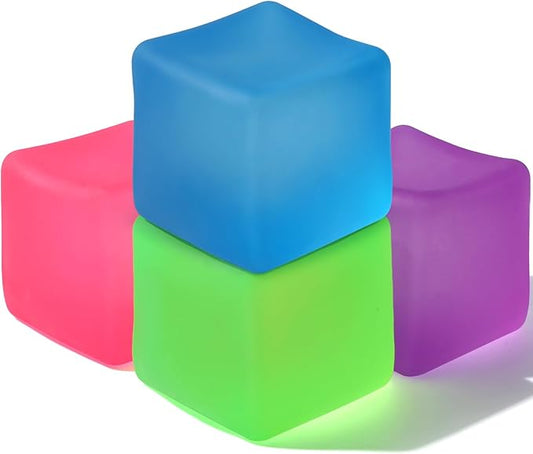 Stress Cube Squishy Fidget Toy: 4 Pack 2.2" Square Ice Cube High Density Gel Filled, Quiet Fidget for Classroom, Sensory Anxiety Relief Item for Kids Adults, Malt Sugar Calming Stress Balls