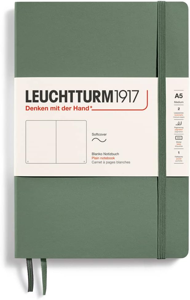 LEUCHTTURM1917 - Notebook Softcover Medium A5-123 Numbered Pages for Writing and Journaling (Olive, Plain)