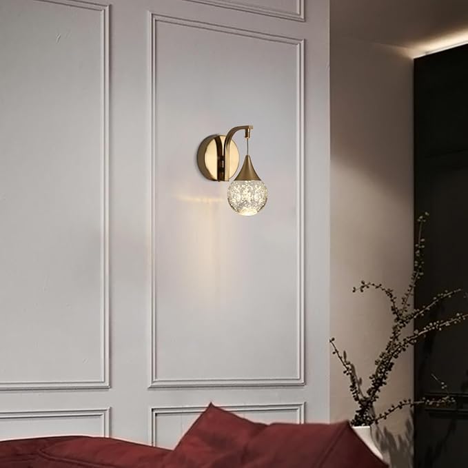 LED Wall Sconces Dimmable, Modern Crystal Wall Sconce Indoor, Bubble Wall Light for Bedroom Bathroom Living Room Dining Room Hallway, Brass