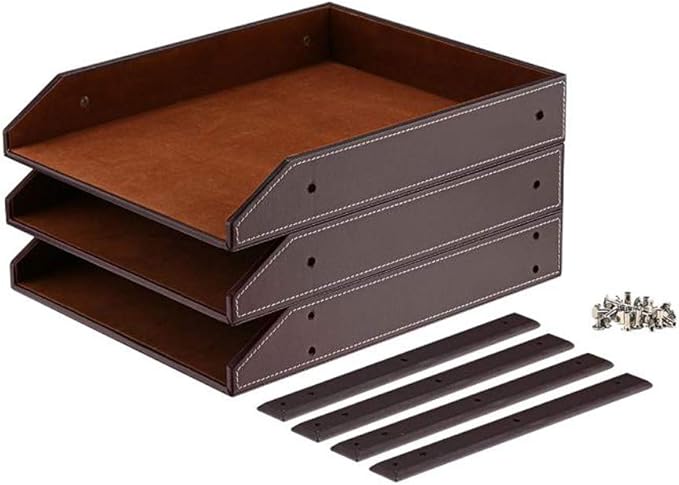 Leather Desk Organizer, NIFIVE 3-Tier Stackable Document Tray, Perfect Desktop Organization Holder for Files, Folder, Stationery, Magazine, Newspaper, Mail, Office Supplies (Brown)