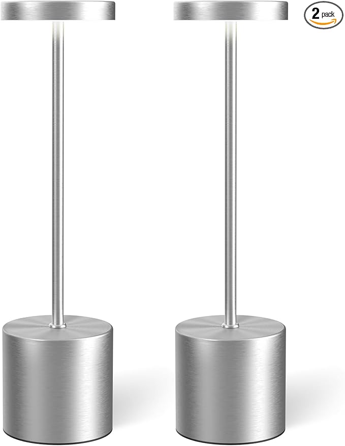 Cordless Table Lamp Set of 2, Rechargeable 5000mAh Battery Powered Outdoor Table Lamps(Silver)