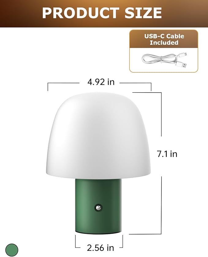Portable LED Table Lamp, Cordless Desk Lamp Rechargeable, 3-Color Touch Stepless Dimming Night Light for Bedroom/Children's Room/Terrace/Dining Room/Cafe (Green)