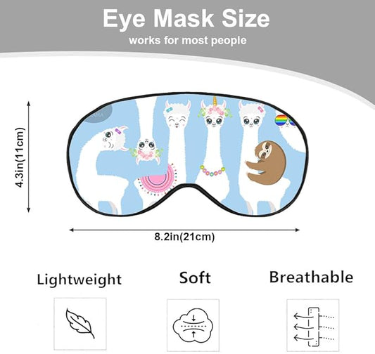 White Llamas Sleep Mask Eye Mask Alpaca Sloth Rainbow Glasses Llamas Cute Flowers Blue Sleep Mask Light Blocking Adjustable Smooth Soft Eye Masks for Women Deep Rest Travel