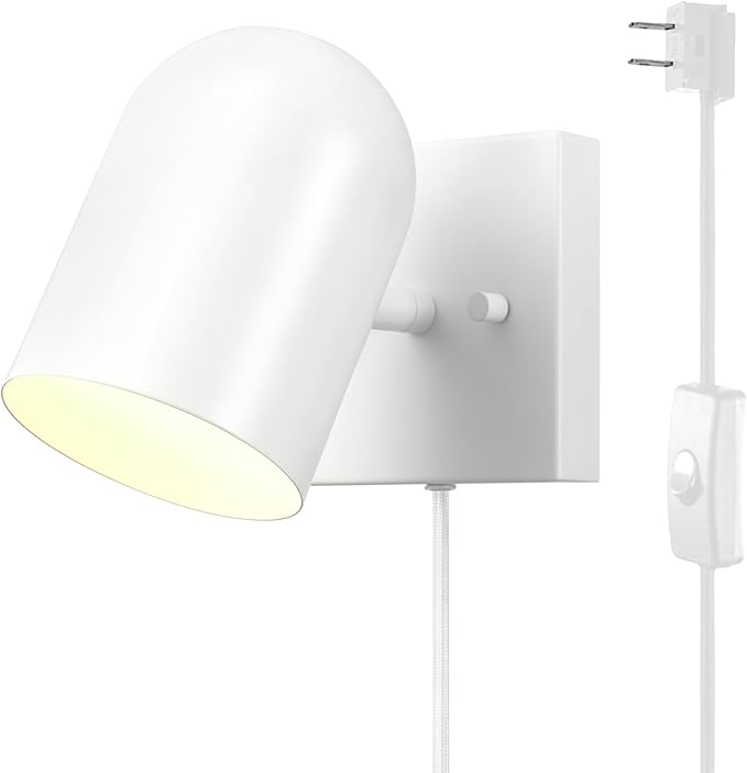 GLOBE Electric 65000146 1-Light Plug-in or Hardwire Wall Sconce, Matte White, 6ft White Braided Fabric Cord, in-Line Rocker Switch, Wall Lights for Living Room, Home Décor