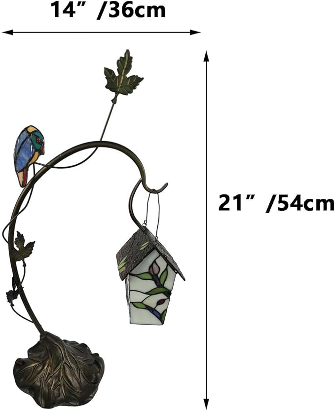 Bieye L10617 Tiffany Style Stained Glass Birdhouse Table Lamp for Home Decor (21-inch High, Pink Flower)