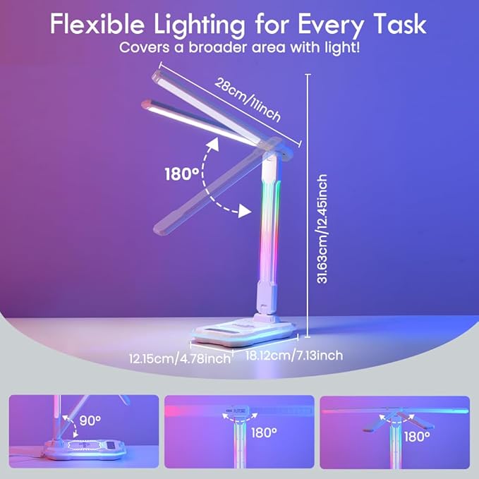 RGB Gaming Desk Lamp with Music Sync,Dimmable LED Lamp with Wireless Charging Station,USB Charging Port,Color Changing Touch Control Light for Gamer Room Decor,Reading,Office,Gift Ideas
