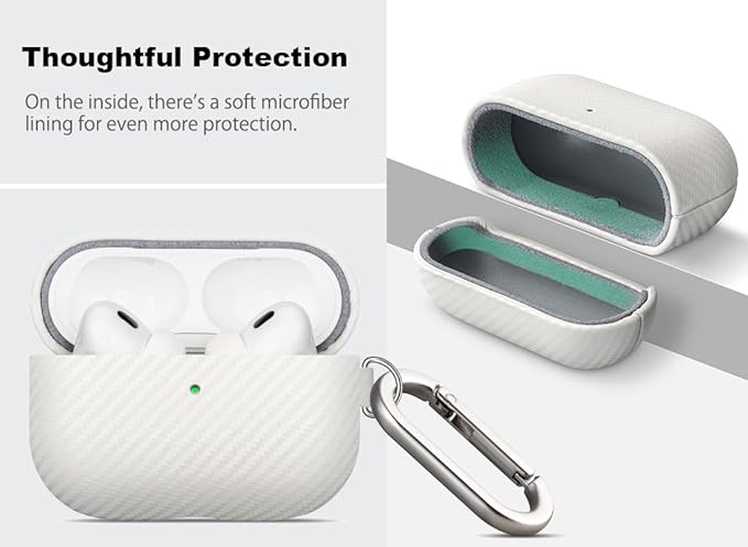 Leather Case - for AirPods Pro 2 Case Cover with Keychain - Selected Skin-friendly Leather, Carbon Fibre Texture, Handmade Shockproof Hard Cover for AirPods Pro 2nd Generation Earbuds - White