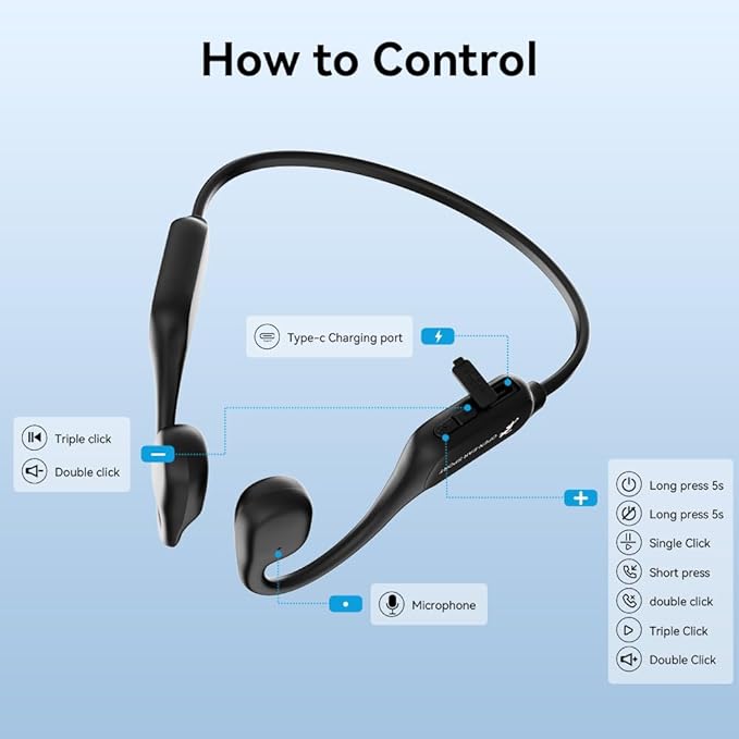 Bone Conduction Headphones, Open Ear Headphones Bluetooth5.4 with Mic, 15H Playtime, IPX6 Sweat Resistant Wireless Earphones, for Workouts and Running, Black